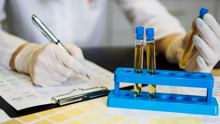 Laboratuvarda eldivenli bir kişi, test tüplerindeki sıvıları analiz ederken not alıyor; ön planda mavi tüp rafında balık yağı benzeri örnekler bulunuyor.