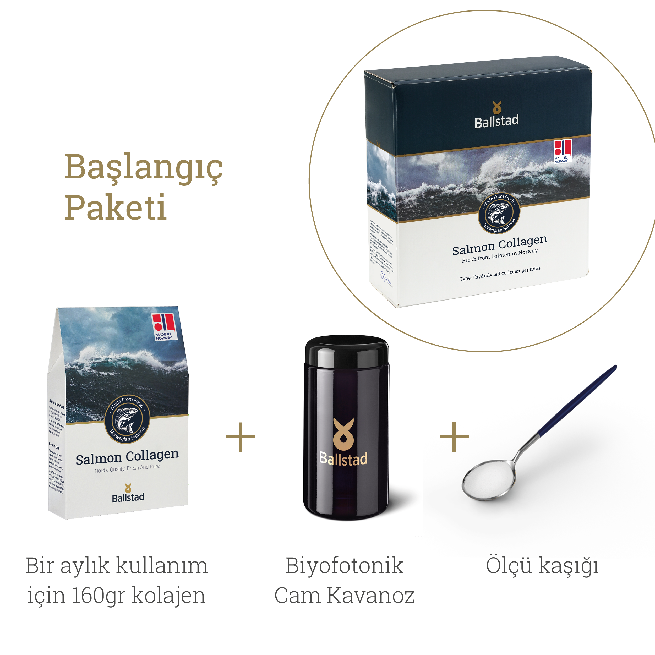 Ballstad Salmon Collagen Başlangıç Paketi; bir aylık kullanım için 160 g somon kolajeni, siyah biyofotonik cam kavanoz ve ölçü kaşığından oluşan set.