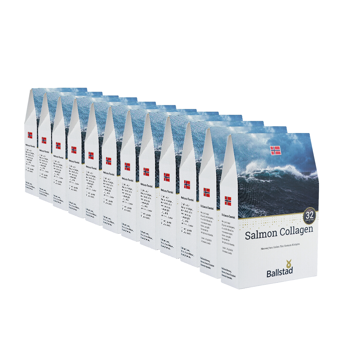 Ballstad markalı “Salmon Collagen” (Somon Kolajeni) ürünlerinden oluşan, Norveç bayraklı ve deniz temalı kutuların sıralı şekilde dizildiği görsel. Ürün ambalajında “32 günlük kullanım” ibaresi yer almakta.