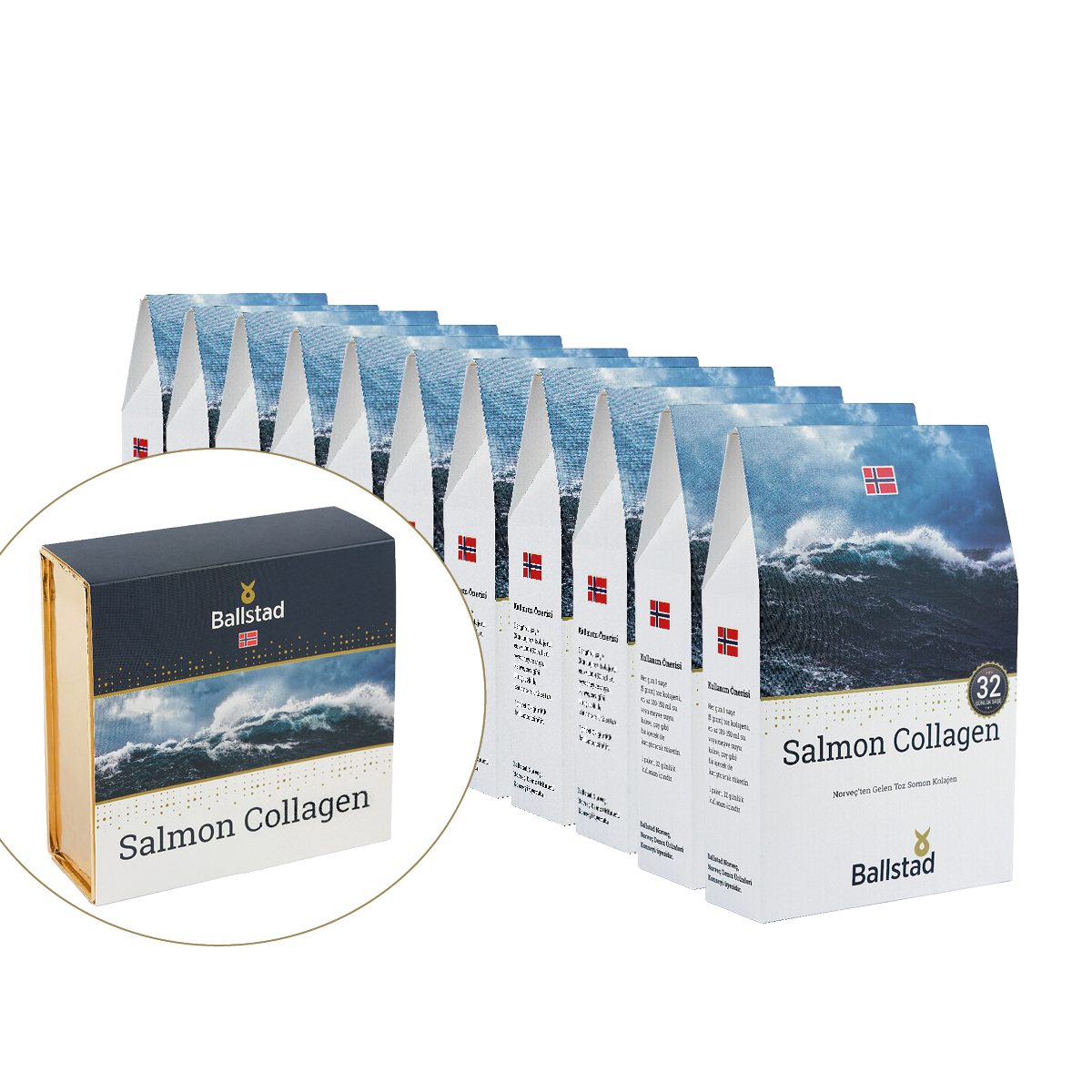 Ballstad markasına ait “Salmon Collagen” (Somon Kolajeni) ürün kutuları sıralı şekilde gösteriliyor. Sol altta ise ürünün özel altın detaylı premium ambalajı daire içinde vurgulanmış. Norveç menşeli somon kolajeni takviyesi tanıtılmakta.