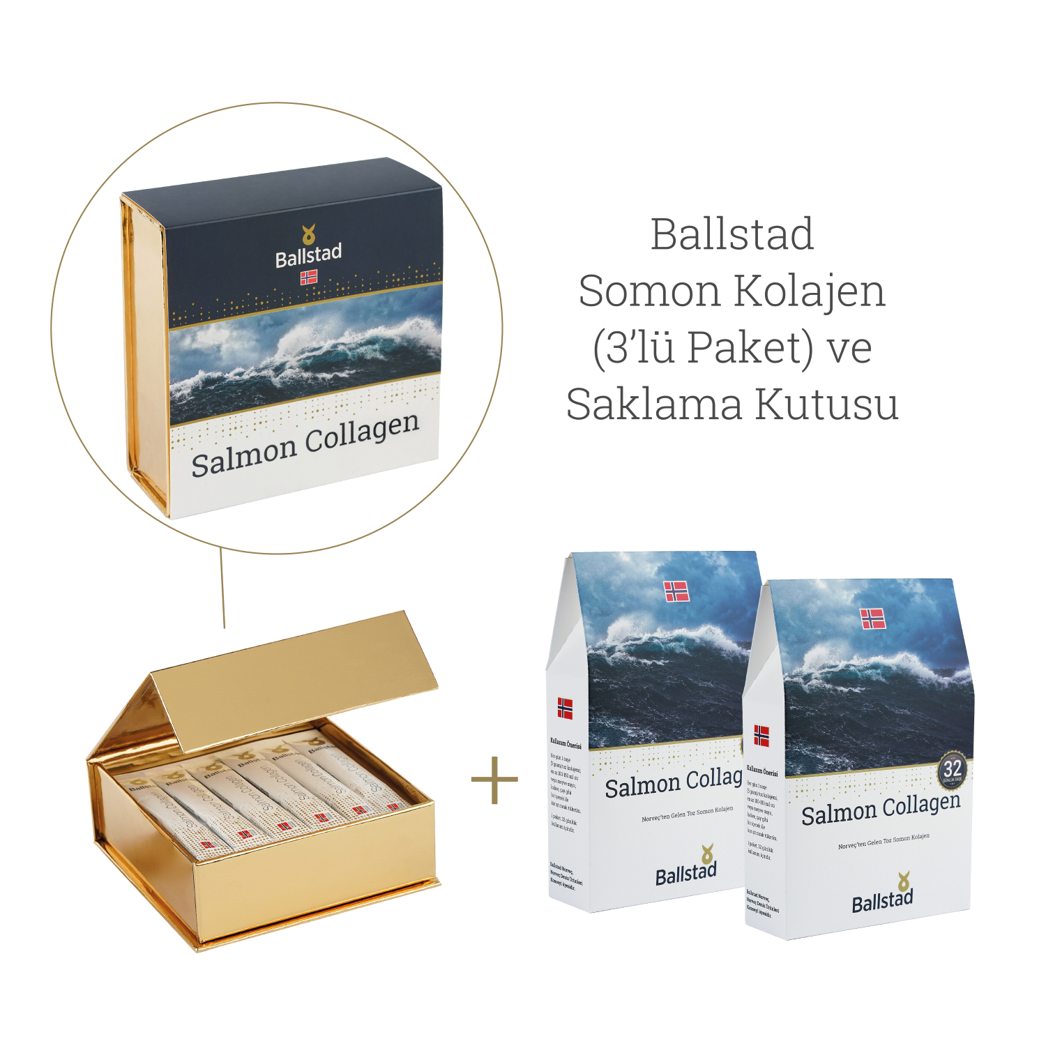 Ballstad Salmon Collagen ürününe ait altın renkli saklama kutusu içerisinde 3 adet kolajen paketi yer almakta. Görselde ayrıca 2 adet “Salmon Collagen” etiketli Ballstad ürün paketi ve yanında “Ballstad Somon Kolajen (3’lü Paket) ve Saklama Kutusu” yazısı bulunuyor.