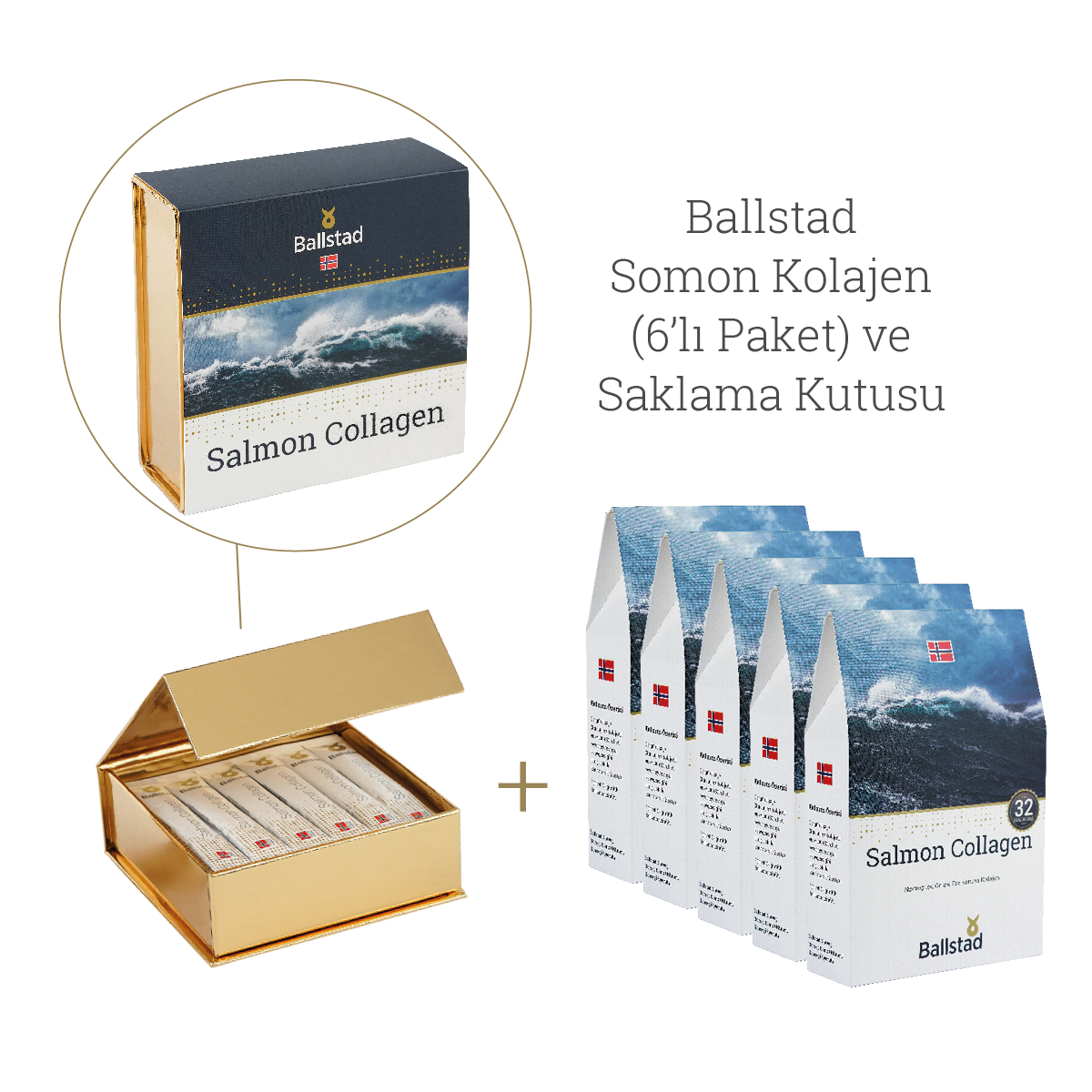Ballstad Salmon Collagen ürünü için tasarlanmış altın detaylı saklama kutusu ve 6 adet somon kolajen paketi gösteriliyor. Sağda ise “Salmon Collagen” etiketli Ballstad kutularından oluşan 6’lı ürün grubu yer almakta. Yanında “Ballstad Somon Kolajen (6’lı Paket) ve Saklama Kutusu” yazısı bulunuyor.