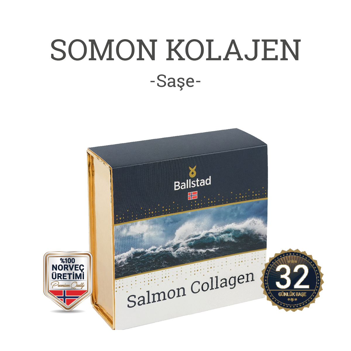 Ballstad markasına ait 32 günlük kullanım sağlayan Norveç üretimi Somon Kolajen saşe kutusu. Kutunun üst kısmı koyu lacivert, alt kısmı beyaz olup üzerinde okyanus görseli, Norveç bayrağı, &