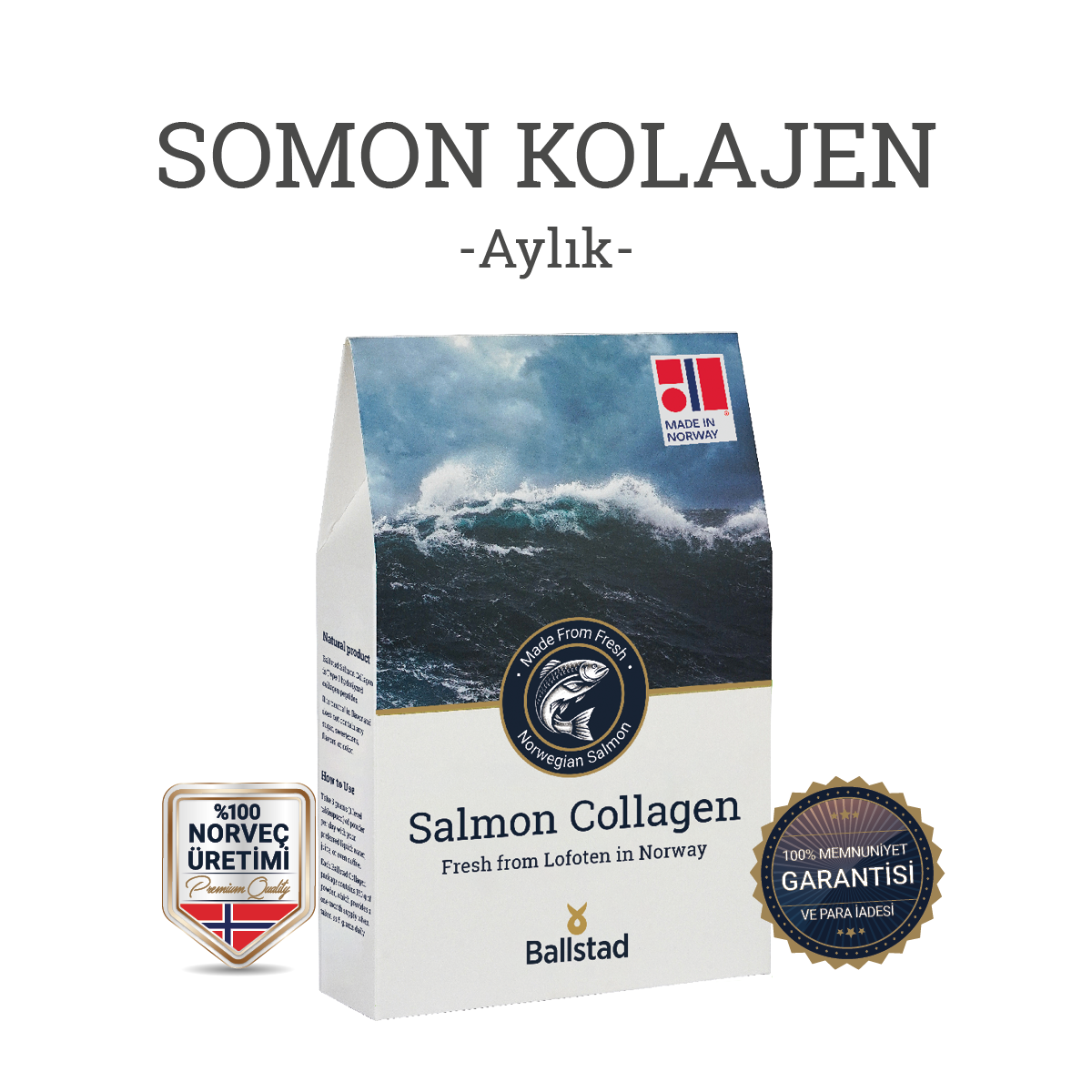 Ballstad markalı Salmon Collagen aylık paket ürünü, Norveç’in Lofoten bölgesinden taze somonla üretilmiştir. Ürünün ön yüzünde &
