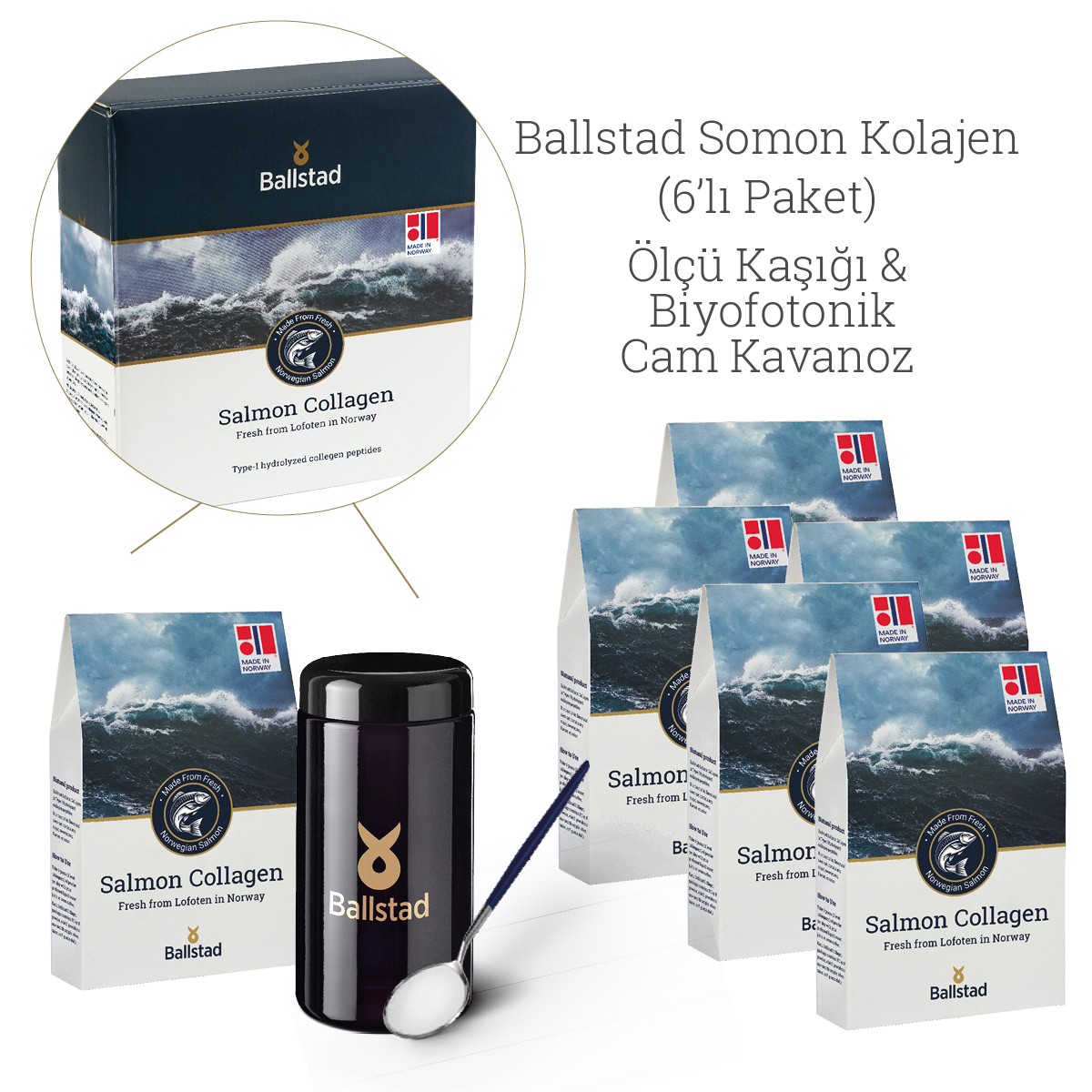 Ballstad Salmon Collagen 6’lı paket içeriği; Norveç üretimi kolajen kutuları, bir adet siyah biyofotonik cam kavanoz ve ölçü kaşığıyla birlikte sunuluyor. Kutuların üzerinde okyanus görseli, Norveç bayrağı ve &