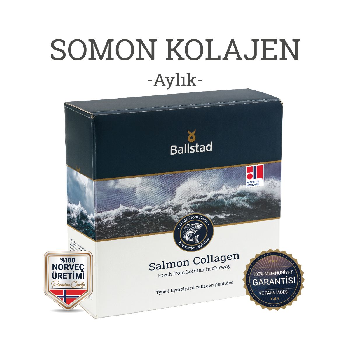 Ballstad markalı, aylık kullanım için tasarlanmış kutulu Salmon Collagen ürünü. Norveç’in Lofoten bölgesinden taze somondan üretilmiş. Üzerinde &
