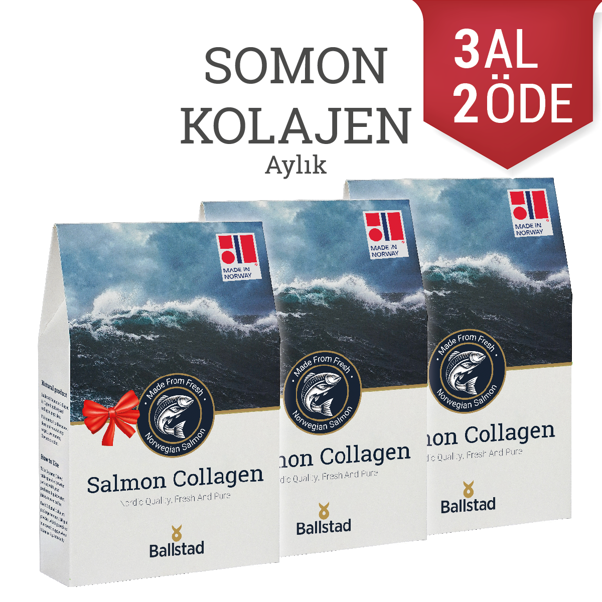Ballstad Somon Kolajen aylık paket; 32 saşelik üç kutudan oluşan set ve “3 al 2 öde” kampanya vurgusu.