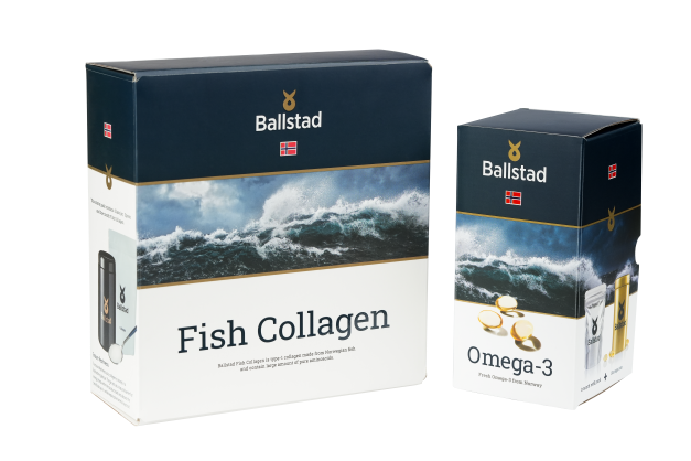 Ballstad markasına ait iki takviye kutusu: biri Fish Collagen (balık kolajeni), diğeri ise Omega-3 içeriyor. Her iki kutunun tasarımında Norveç bayrağı, okyanus dalgaları ve ürün görselleri yer almakta.
