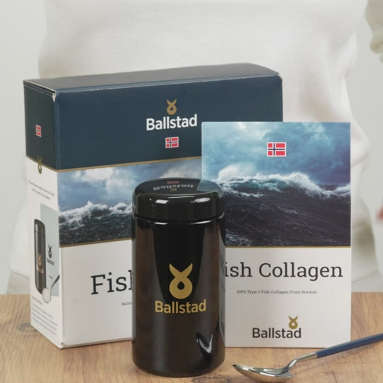 Ballstad Fish Collagen ürünü – Norveç menşeli saf tip 1 balık kolajeni, premium kutu ve siyah cam saklama kabı ile birlikte.