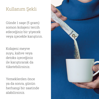 Ballstad Salmon Collagen saşesinin bir fincana dökülerek içecekle karıştırılması; günde 1 saşe (5 g) kullanım ve farklı içeceklerle tüketim önerisi.