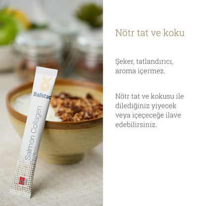 Ballstad Salmon Collagen saşesi yoğurt kasesinin yanında; nötr tat ve kokuya sahip, şeker, tatlandırıcı ve aroma içermeyen ürünün farklı yiyecek ve içeceklere eklenebileceği vurgulanıyor.
