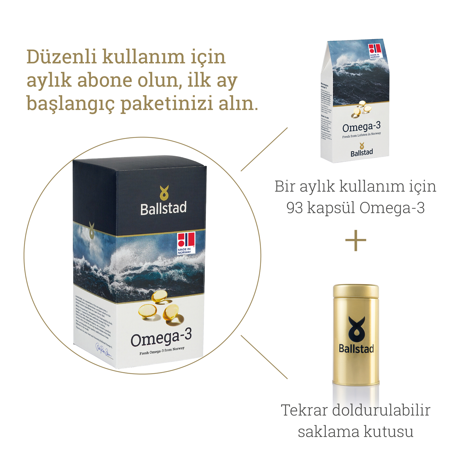 Ballstad Omega-3 aylık abonelik başlangıç paketi; bir aylık kullanım için 93 kapsül Omega-3 ve tekrar doldurulabilir altın renkli saklama kutusundan oluşan set.