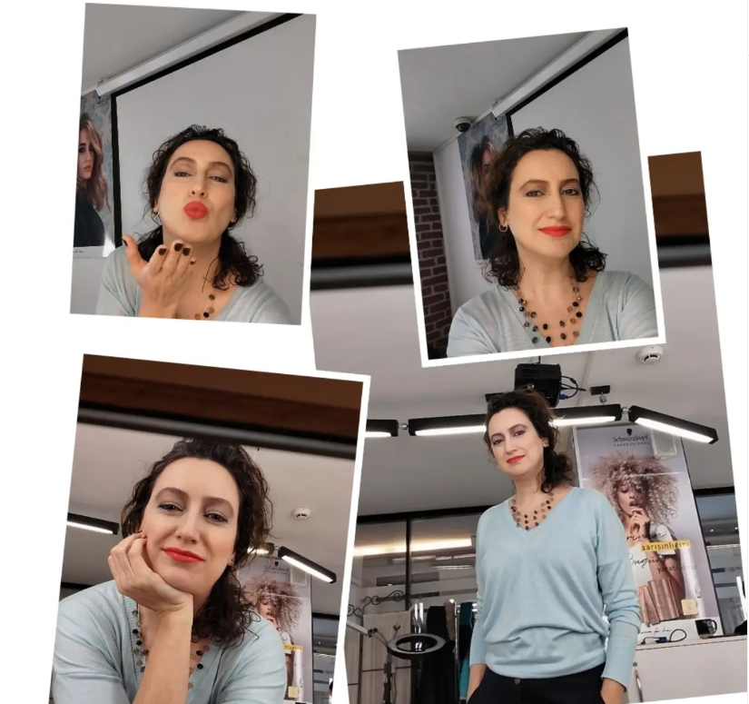 Farklı açılardan çekilmiş dört karede yer alan siyah kolyeli kadın, açık mavi kazak giymiş halde güzellik salonunda poz veriyor. Kadın bazen öpücük gönderiyor, bazen gülümsüyor; arka planda saç modelleri afişleri ve profesyonel salon ekipmanları yer alıyor.