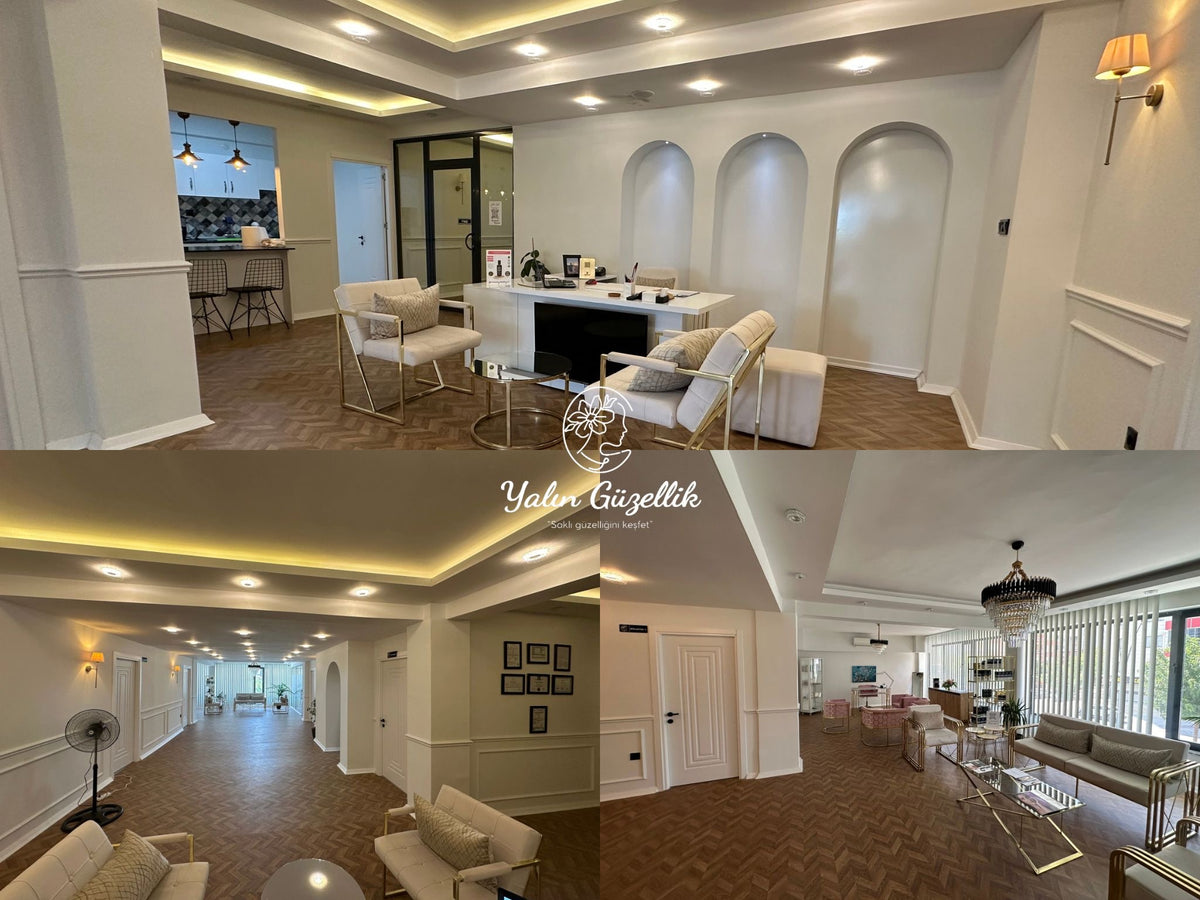 Yalın Güzellik merkezinin iç mekânını gösteren dört farklı açıdan çekilmiş kolaj fotoğraf. Modern tasarımlı bekleme alanları, ahşap desenli zeminler, beyaz duvarlar, dekoratif aydınlatmalar ve şık mobilyalar yer almakta. Ortada 'Yalın Güzellik – Saklı güzelliğini keşfet' logosu bulunuyor.