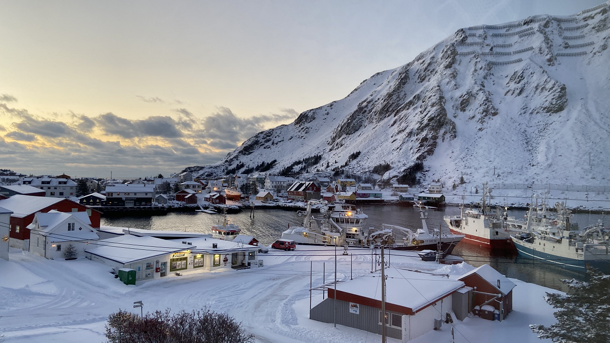 Norveç'te karlı bir akşamüstü evlerin görüntüsü