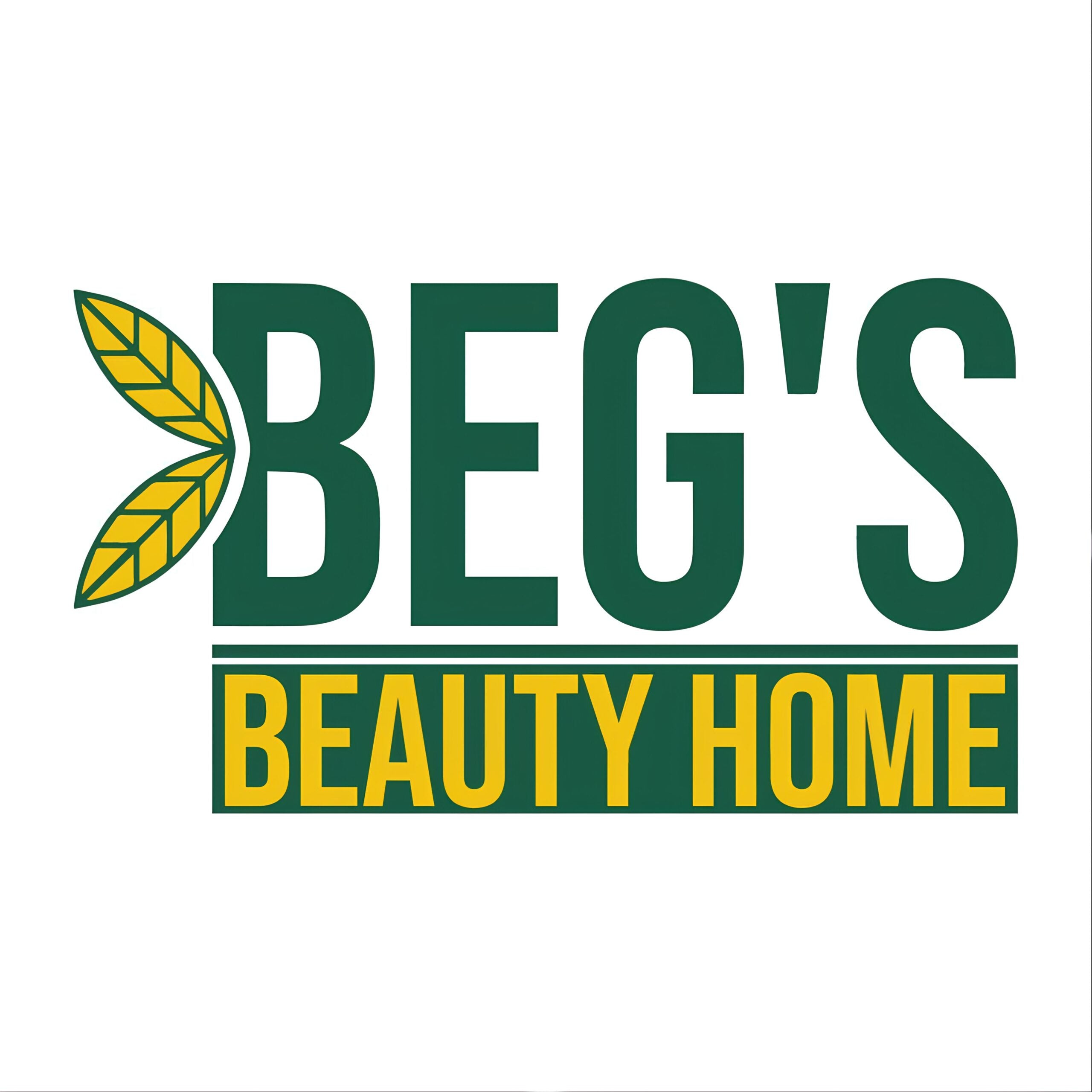 BEG'S Beauty Home marka logosu – doğal güzellik ve kişisel bakım hizmetleri sunan yeşil ve sarı renkli modern kurumsal kimlik.
